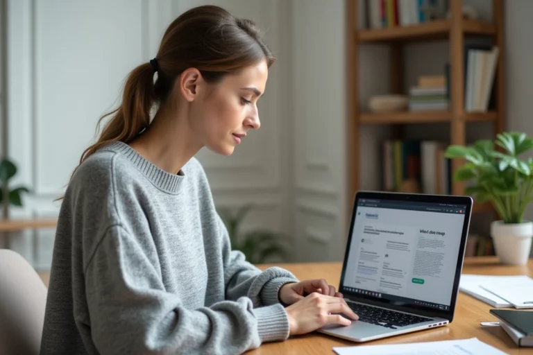 Femme consultant une page sitemap sur un site d'actualité depuis son bureau à domicile
