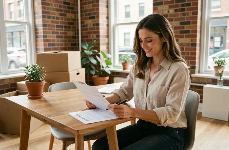 Femme consultant un contrat de location dans un appartement moderne avec cartons de déménagement