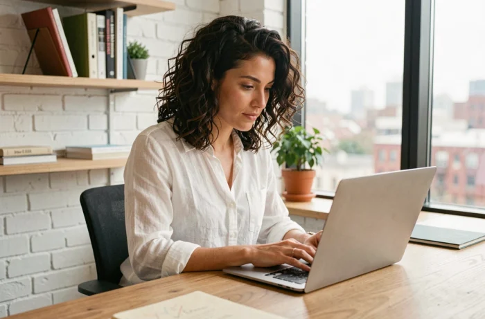 Femme entrepreneureure travaillant sur son business en ligne depuis un bureau à domicile moderne