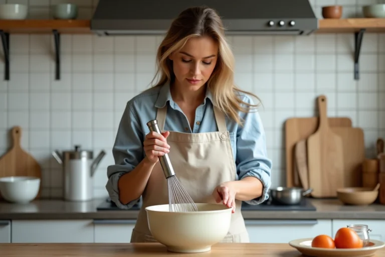 Femme préparant une mayonnaise maison avec un fouet en acier inoxydable dans un bol en céramique sur un plan de travail de cuisine moderne