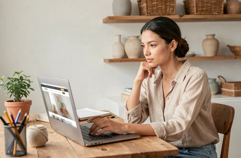 Femme parcourant le site Kabanes sur un ordinateur portable pour trouver des idées de décoration intérieure inspirantes