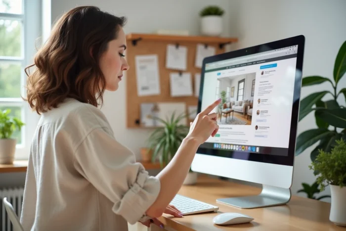 Femme naviguant sur un site de décoration intérieure grâce à un plan de navigation détaillé sur un écran d'ordinateur