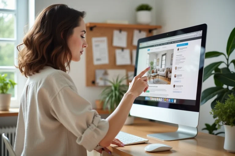Femme naviguant sur un site de décoration intérieure grâce à un plan de navigation détaillé sur un écran d'ordinateur