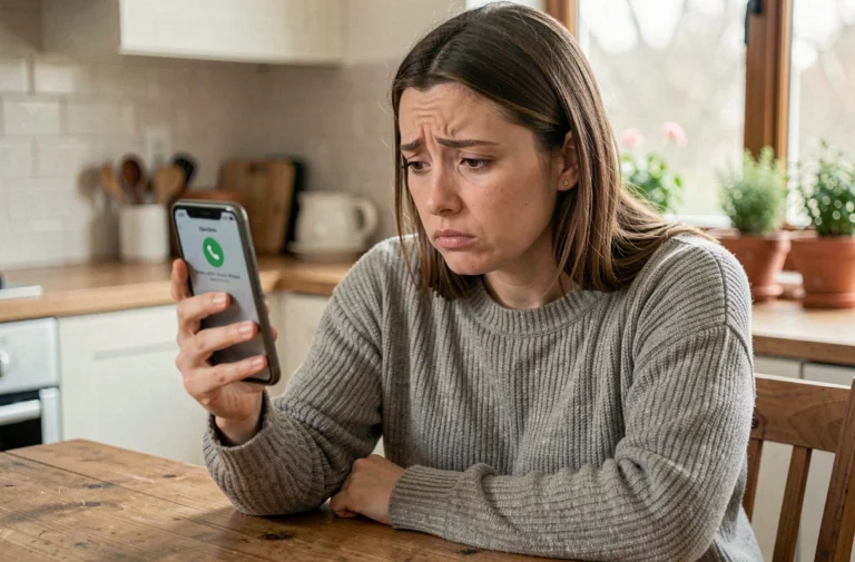 Femme consultant son smartphone avec une expression perplexe face à un numéro de téléphone inconnu