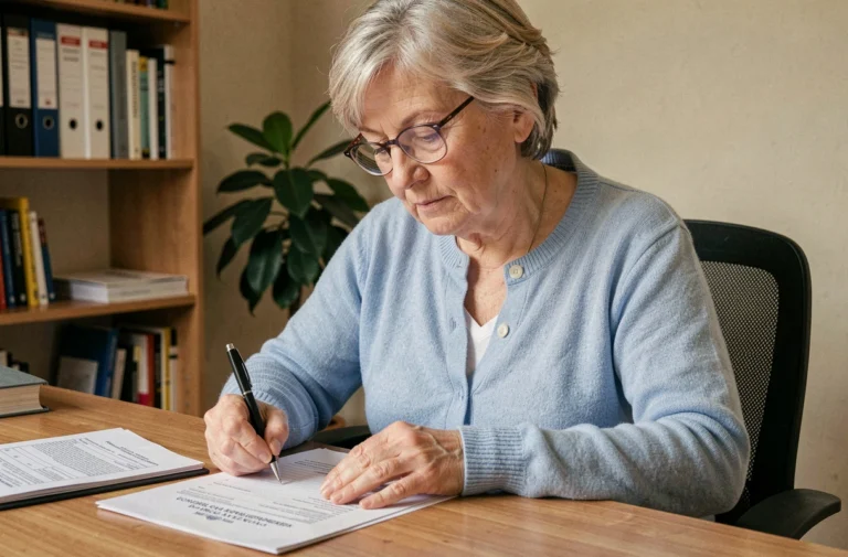 Femme retraitée remplissant un formulaire administratif à son bureau pour ses démarches Agirc-Arrco
