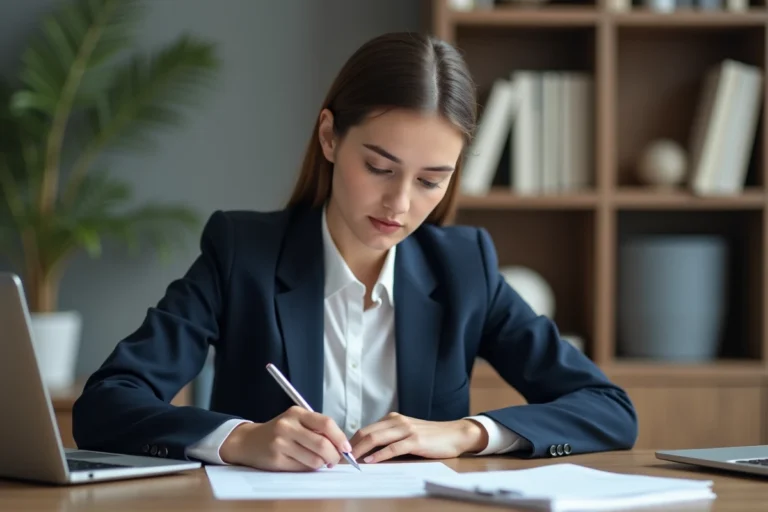 Jeune femme professionnelle révisant un récapitulatif de candidature imprimé à son bureau à domicile