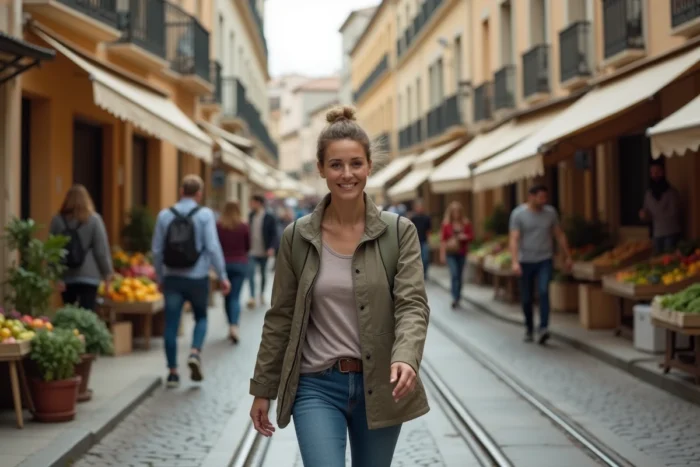 Femme se promenant dans une rue piétonne d'une ville française revitalisée, marché local et architecture patrimoniale rénovée avec intégrations durables