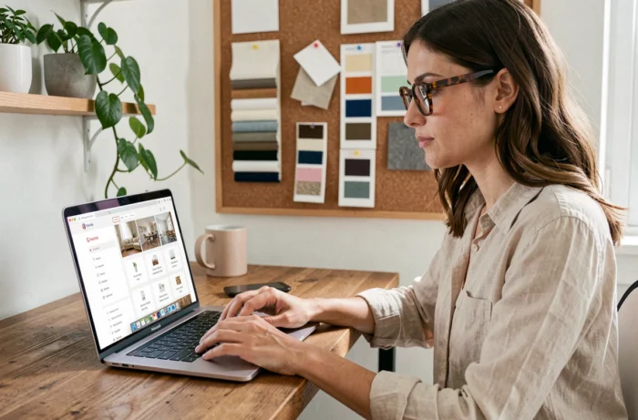 Femme consultant un sitemap de site de décoration intérieure sur un ordinateur portable dans un bureau à domicile cosy