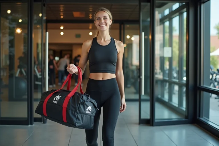 Femme sportive tenant un sac de sport Basic Fit offert à la sortie d'une salle de fitness moderne
