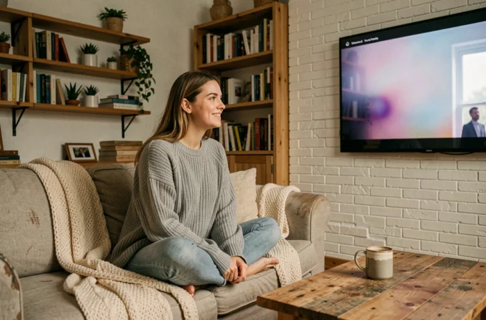 Jeune femme regardant un film en streaming sur sa télévision dans un salon cosy et moderne