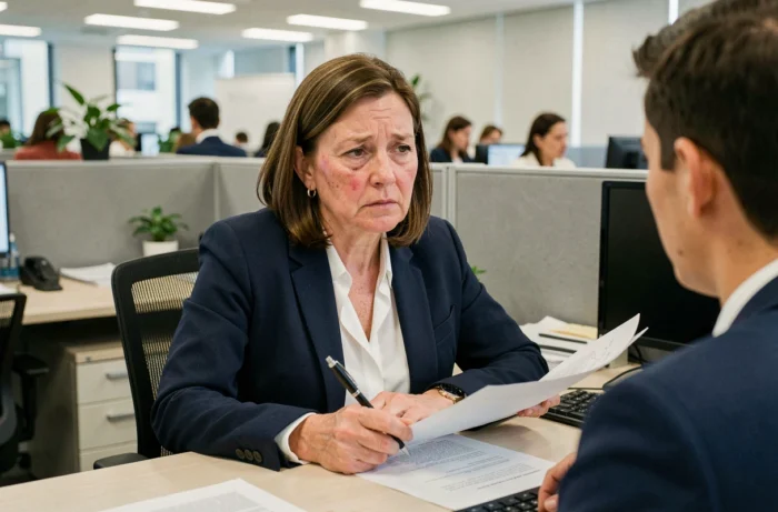 Femme d'âge moyen fatiguée en réunion professionnelle, illustration des interactions sociales malgré un visage marqué par la fatigue