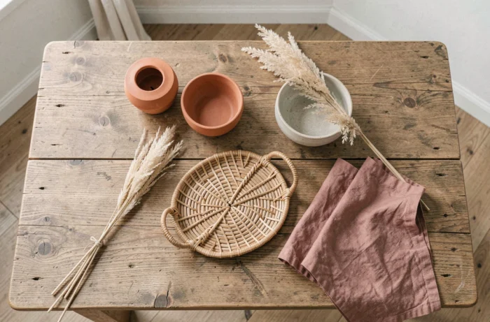 Flat lay tendance d'accessoires de décoration intérieure incluant bougies en terre cuite, céramiques artisanales et herbes de pampa séchées sur table en chêne