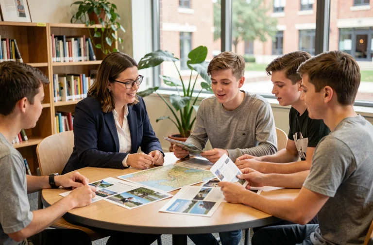 Enseignante animant un atelier de planification de voyage scolaire avec des élèves autour d'une table en bibliothèque