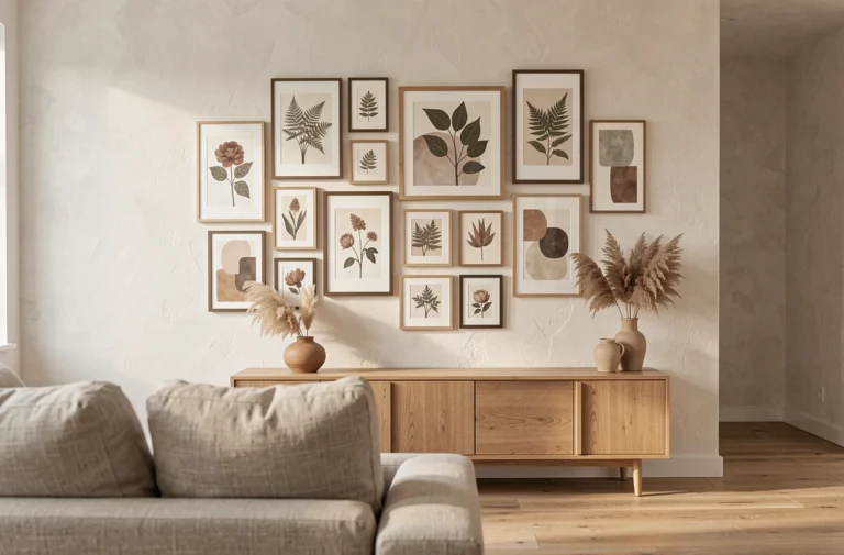 Mur salon décoré avec une galerie de cadres botaniques et abstraits au-dessus d'un meuble en bois naturel