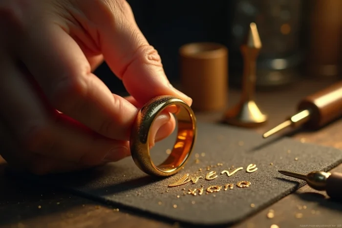 Alliance en or avec gravure artisanale d'un message de témoignage visible à l'intérieur de l'anneau, tenue par un joaillier dans son atelier