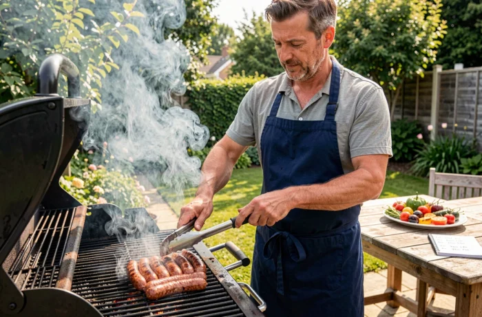 Homme faisant griller des merguez au barbecue dans un jardin en été, avec des notes sur le poids des saucisses posées sur la table