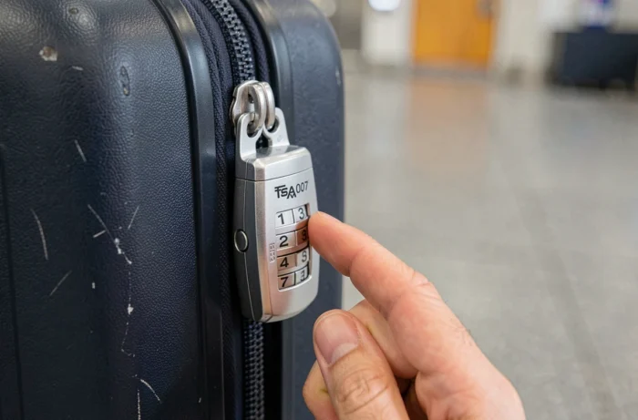 Gros plan sur le cadenas TSA007 d'une valise Samsonite avec les molettes de combinaison et le bouton de réinitialisation visibles
