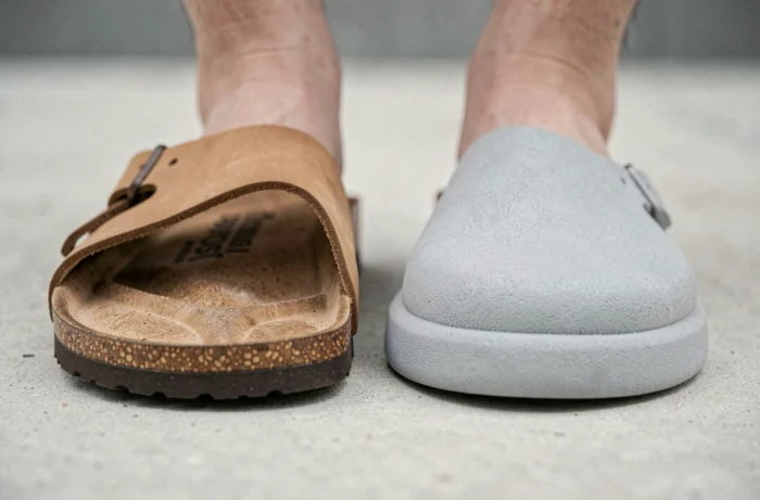 Gros plan de deux pieds portant respectivement une chaussure Birkenstock Boston et une Billowy sur béton poli