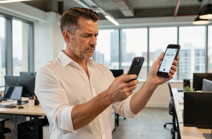 Homme en bureau consultant un numéro de téléphone inconnu sur son mobile avec un air concentré
