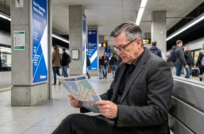 Homme lisant une carte simplifiée du réseau RER et transports en commun parisiens