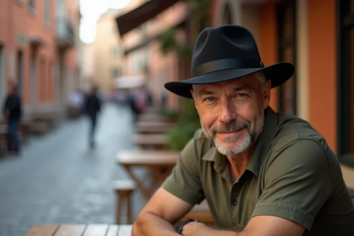 Homme avec un chapeau noir élégant assis en terrasse de café en plein air