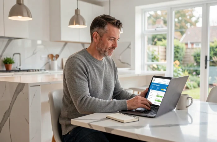 Homme comparant des offres bancaires sur son ordinateur portable dans une cuisine moderne pour choisir la meilleure banque pour son épargne et son crédit