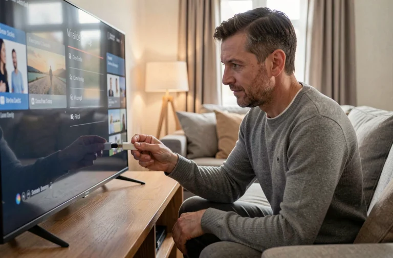 Homme connectant une clé USB à une télévision pour utiliser l'IPTV sans box internet