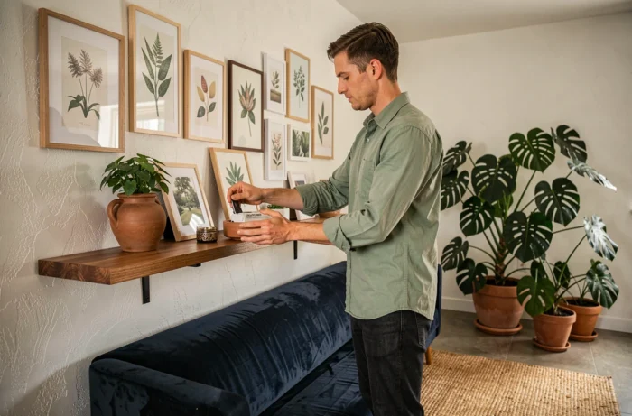 Homme stylé décorant une étagère murale dans un salon contemporain avec plantes, impressions botaniques encadrées et canapé en velours bleu marine