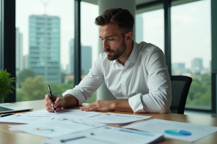 Homme analysant des documents de traçabilité et certificats d'origine EEC sur un bureau de bureau moderne