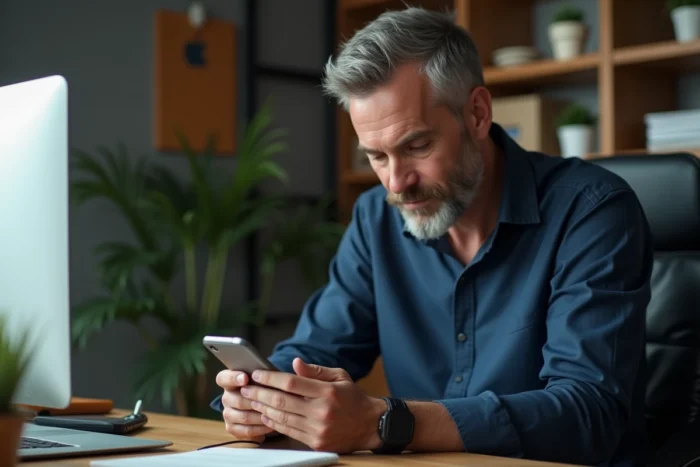 Homme consultant le journal d'appels sur son téléphone Orange assis à son bureau à domicile