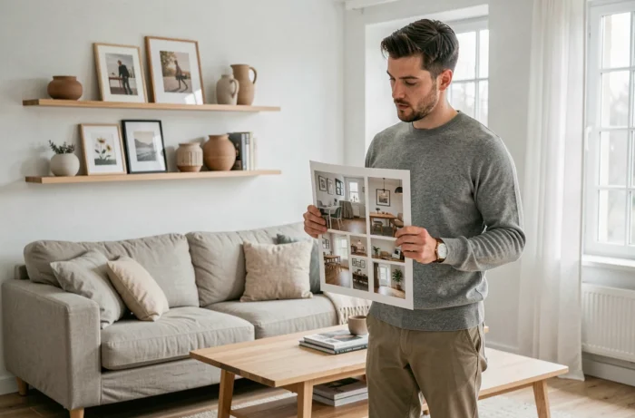Homme tenant un moodboard de décoration intérieure dans un salon scandinave après avoir exploré des idées sur Kabanes