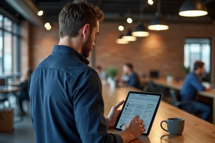 Homme naviguant sur un sitemap de site d'actualité depuis un espace de coworking moderne