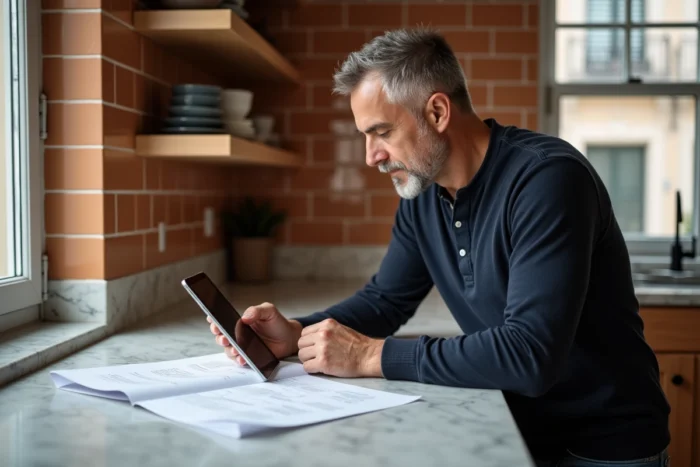 Homme consultant un plan de site imprimé à côté d'une tablette affichant un site de décoration pour mieux naviguer