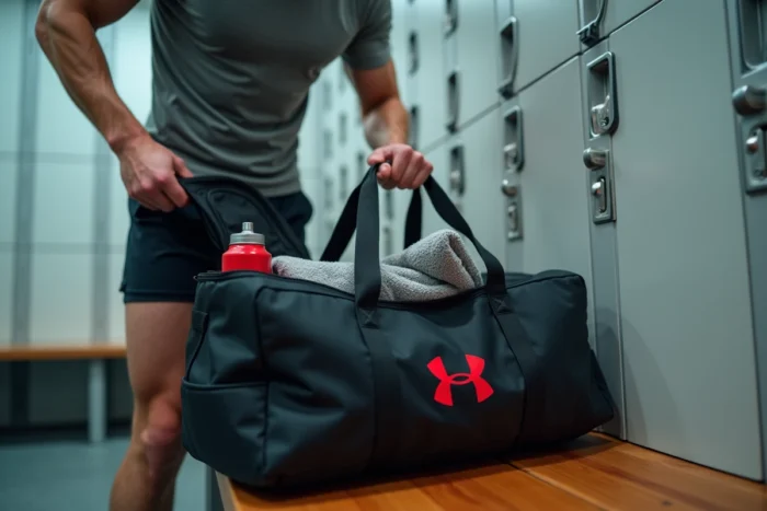 Homme ouvrant son sac de sport Basic Fit gratuit dans un vestiaire de salle de gym