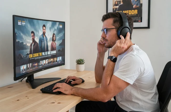 Homme regardant une série en VF sur un grand écran d'ordinateur dans un bureau à domicile