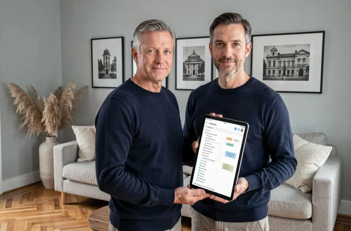 Homme debout dans un salon scandinave tenant une tablette affichant un sitemap de site de décoration