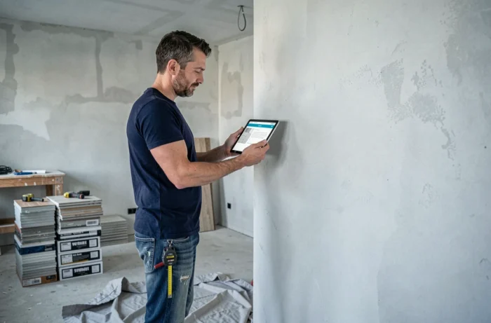 Homme consultant un tutoriel de rénovation sur tablette dans un salon en cours de travaux