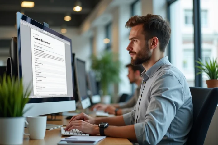 Homme vérifiant le récapitulatif en ligne de sa candidature à un concours sur un ordinateur de bureau en open space