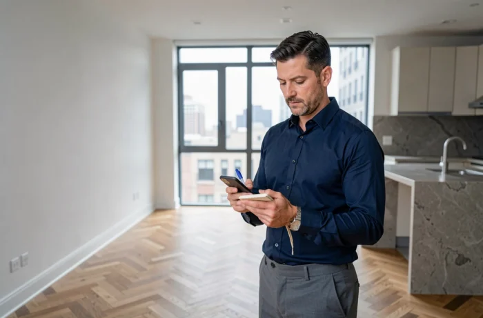 Homme visitant un appartement vide et prenant des notes lors d'une recherche de location