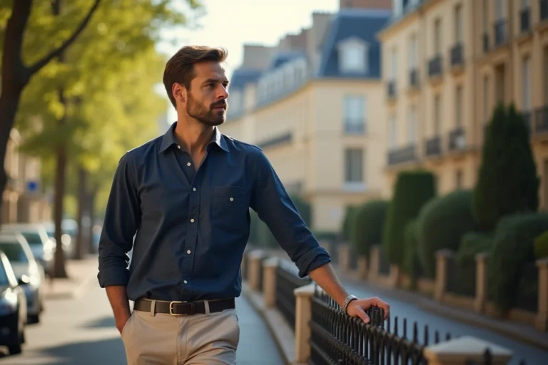 Jeune homme en chemise marine dans une rue résidentielle parisienne aux façades haussmanniennes