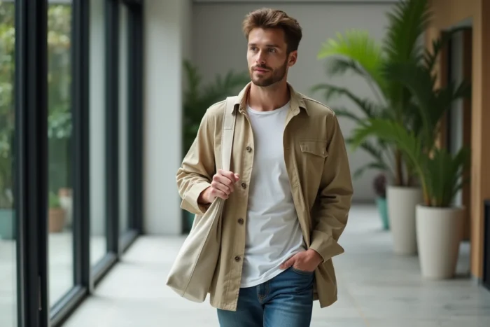 Homme dans le hall moderne d'un immeuble résidentiel contemporain avec jardin intérieur