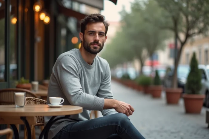 Homme trentenaire attablé en terrasse de café dans un quartier européen calme et résidentiel