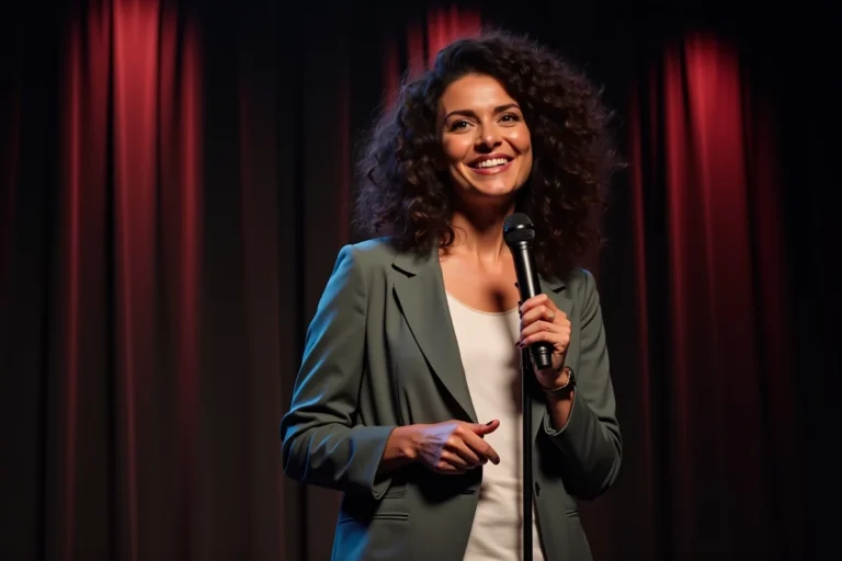 Humoriste française sur scène tenant un microphone avec un sourire naturel et confiant lors d'un spectacle comique