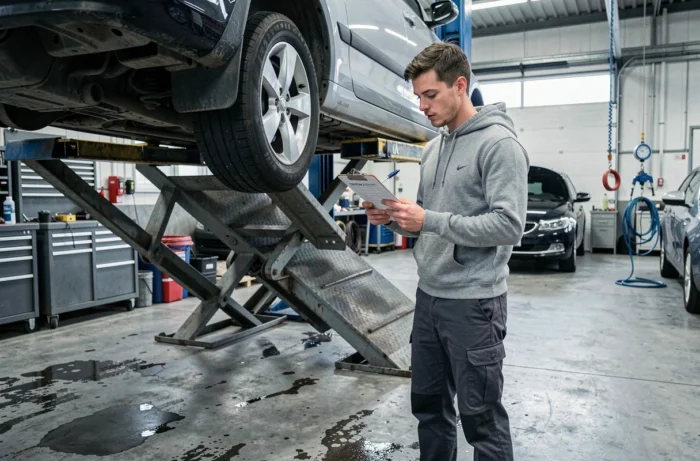 Technicien automobile inspectant une voiture sur un pont élévateur dans un atelier de réparation