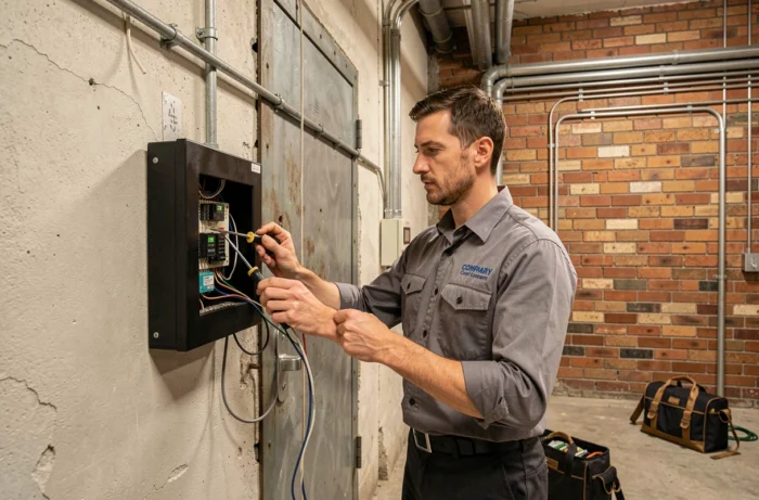 Technicien installant un système de contrôle d'accès par badge sur un mur industriel