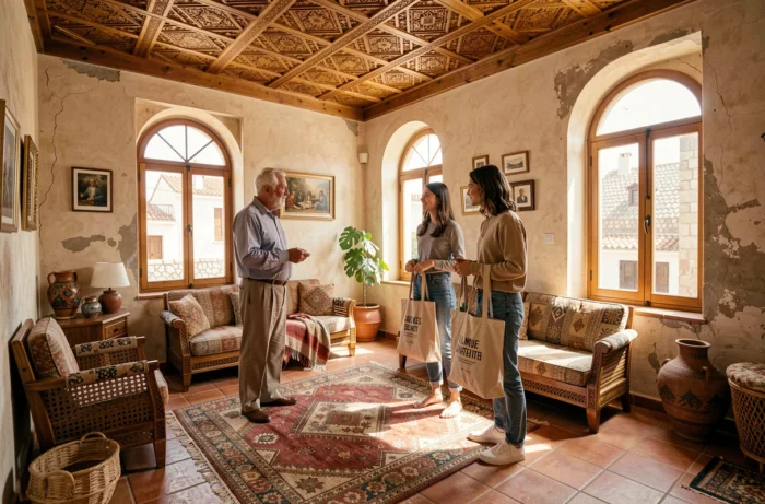Intérieur d'un appartement traditionnel à Essaouira avec plafond en cèdre et sol en zellige, location longue durée entre particuliers