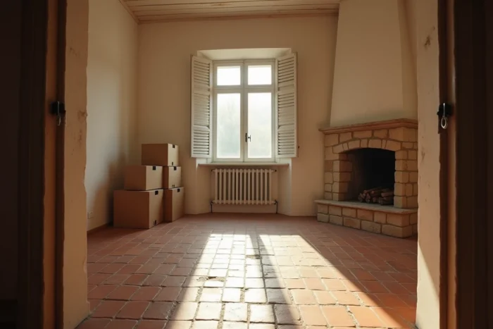 Intérieur vide d'une maison dans l'Aude avec cartons de déménagement lors d'une vente suite à un divorce
