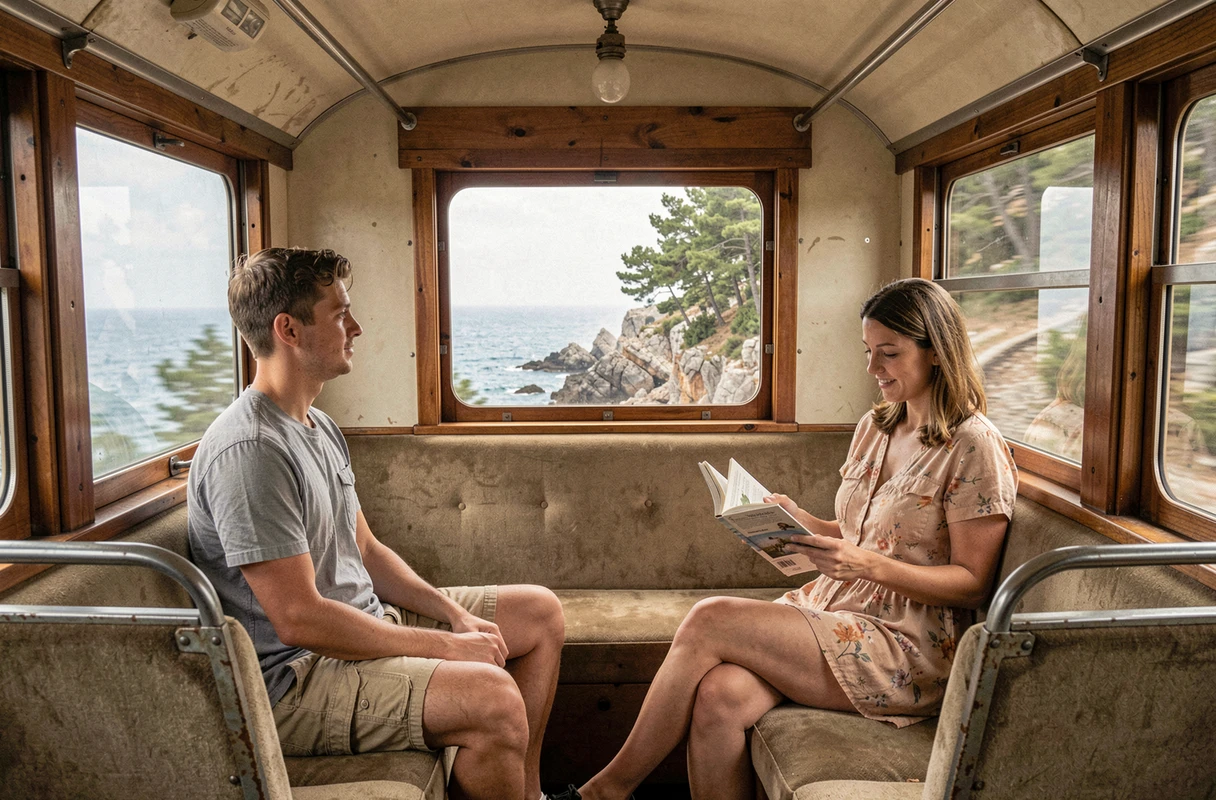 Intérieur du train Calvi Île-Rousse avec vue sur le paysage côtier corse depuis les fenêtres