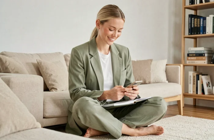 Jeune femme entrepreneur élaborant sa stratégie de business en ligne depuis son salon dans une ambiance scandinave