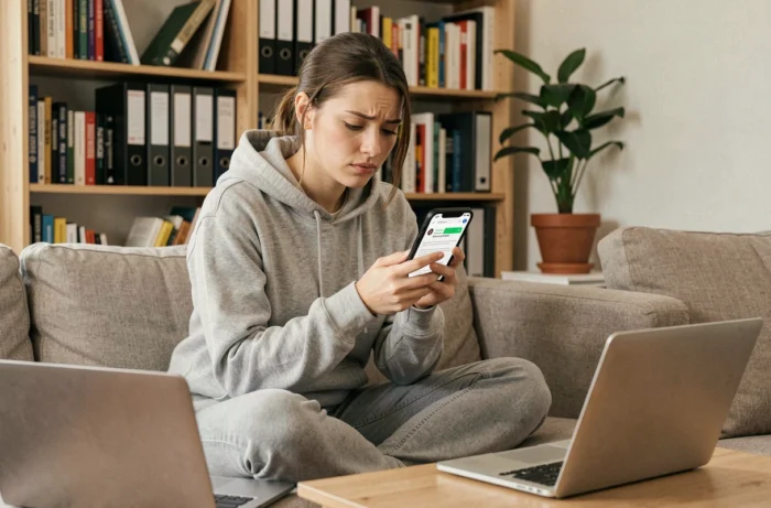 Jeune femme consultant une erreur d'accès au webmel académique sur son smartphone depuis son domicile